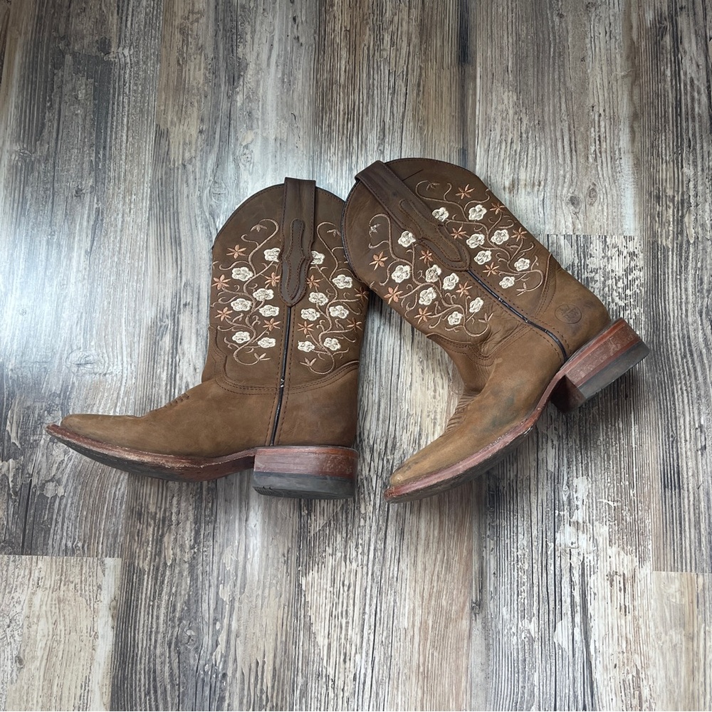 Reywelt Brown Leather Jazmin Crazy Thang Womens Floral Square Toe Boots Size 6